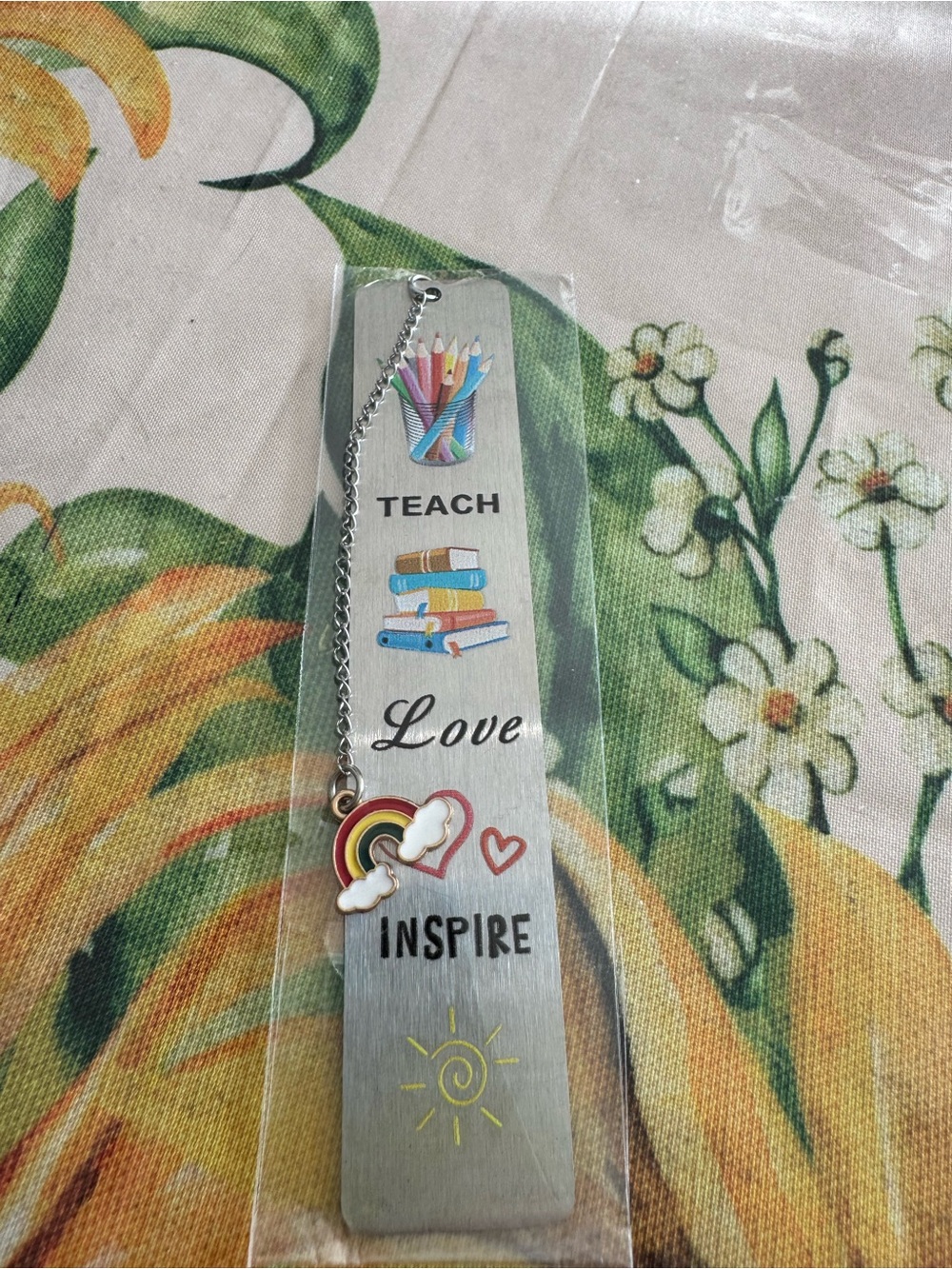 Teacher Inspirational Metal Bookmark with Rainbow Charm